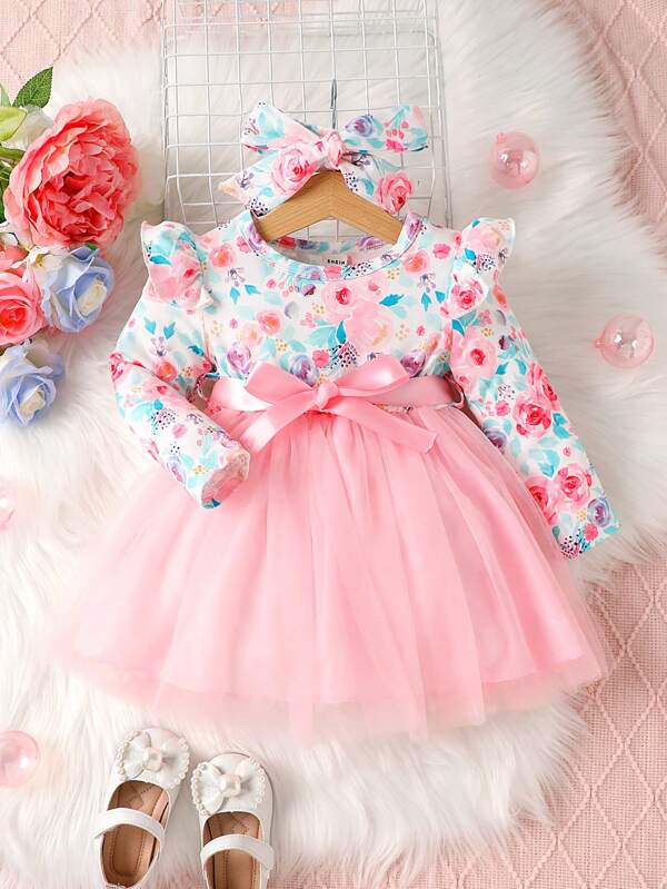 Adorable Pink Floral Tulle Dress with Matching Headband