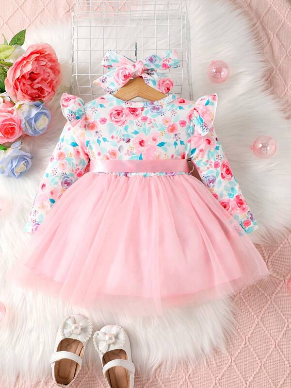 Adorable Pink Floral Tulle Dress with Matching Headband