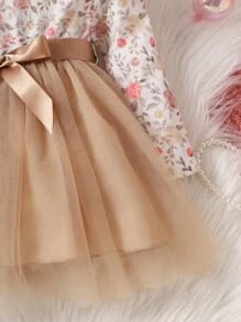 Elegant Beige Floral Tulle Dress with Matching Headband