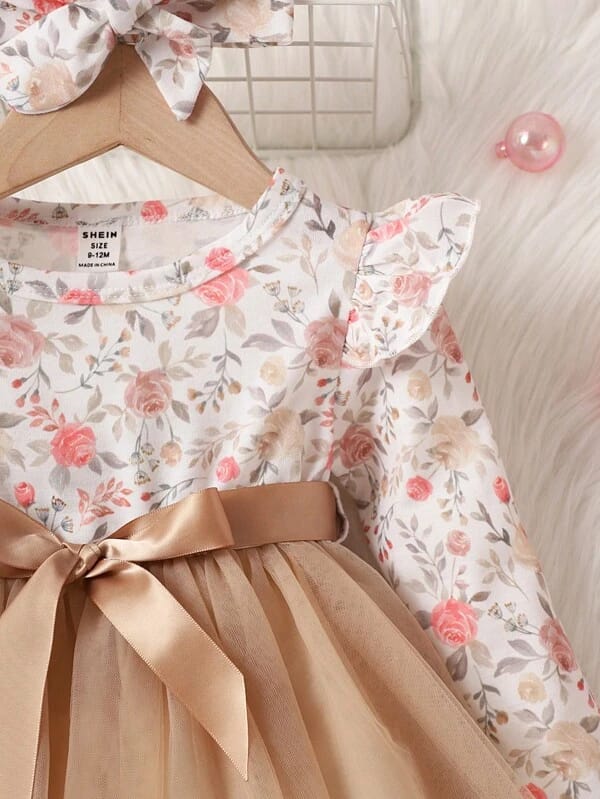 Elegant Beige Floral Tulle Dress with Matching Headband