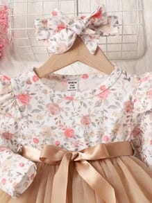 Elegant Beige Floral Tulle Dress with Matching Headband