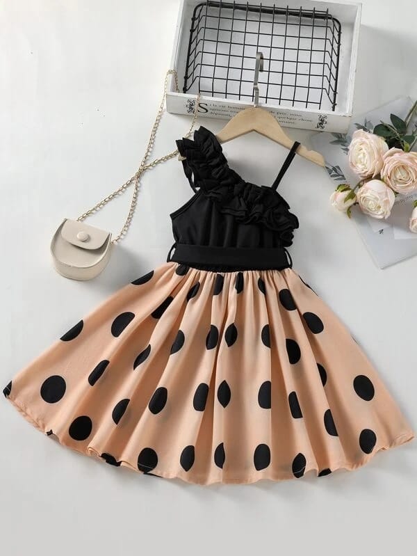Chic One-Shoulder Polka Dot Dress for Girls – Black & Peach