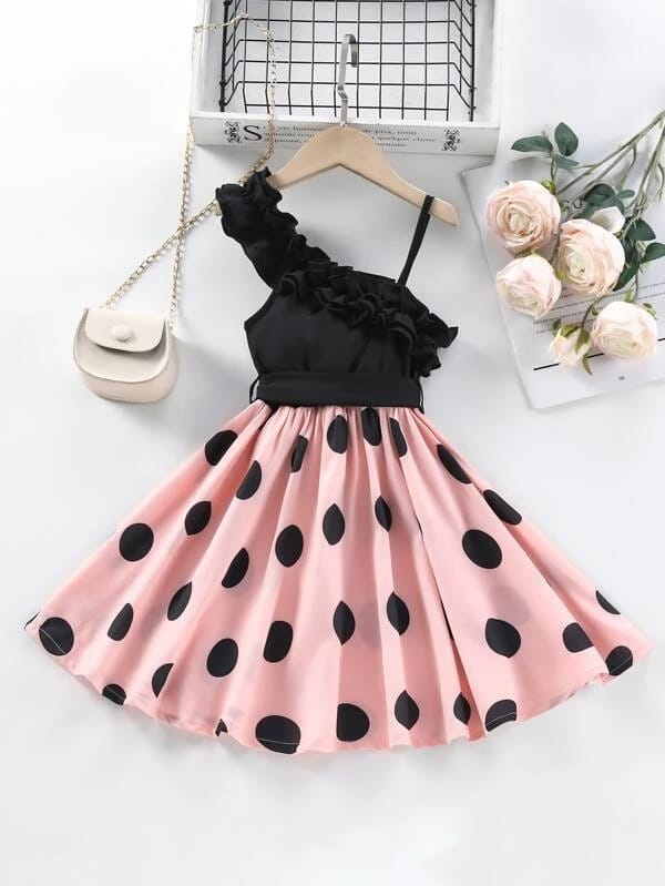 Stylish One-Shoulder Polka Dot Dress for Girls – Black & Pink