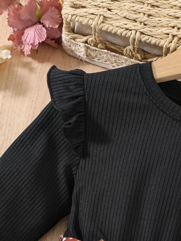 Elegant Long-Sleeve Floral Dress for Girls – Black & Brown