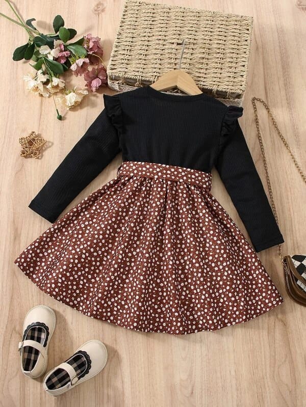Elegant Long-Sleeve Floral Dress for Girls – Black & Brown