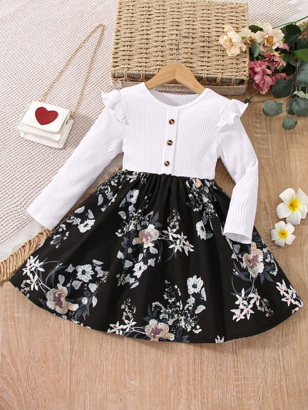 Elegant White & Black Floral Dress for Girls