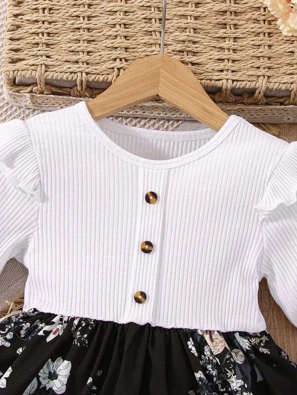 Elegant White & Black Floral Dress for Girls