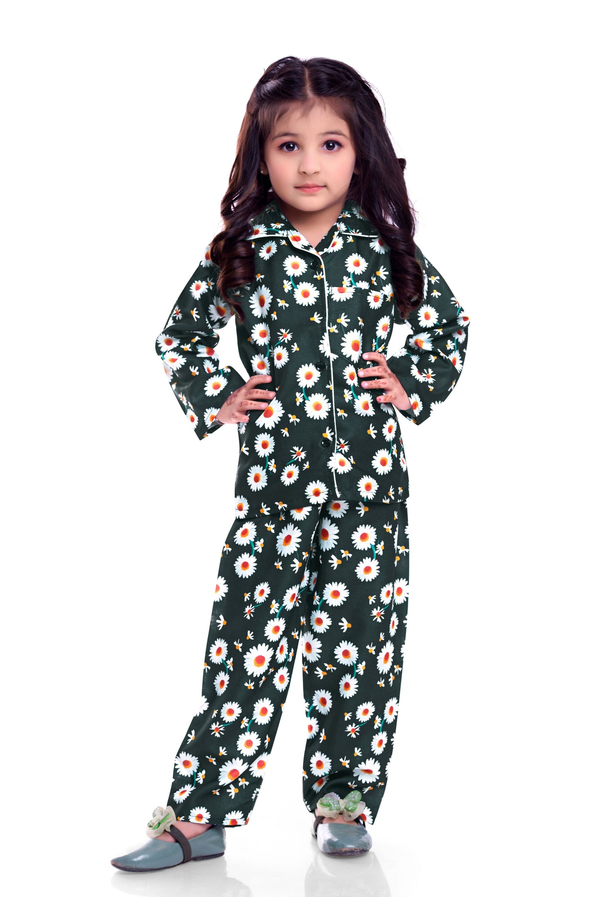 Dark green floral printed night co-rd set for kids