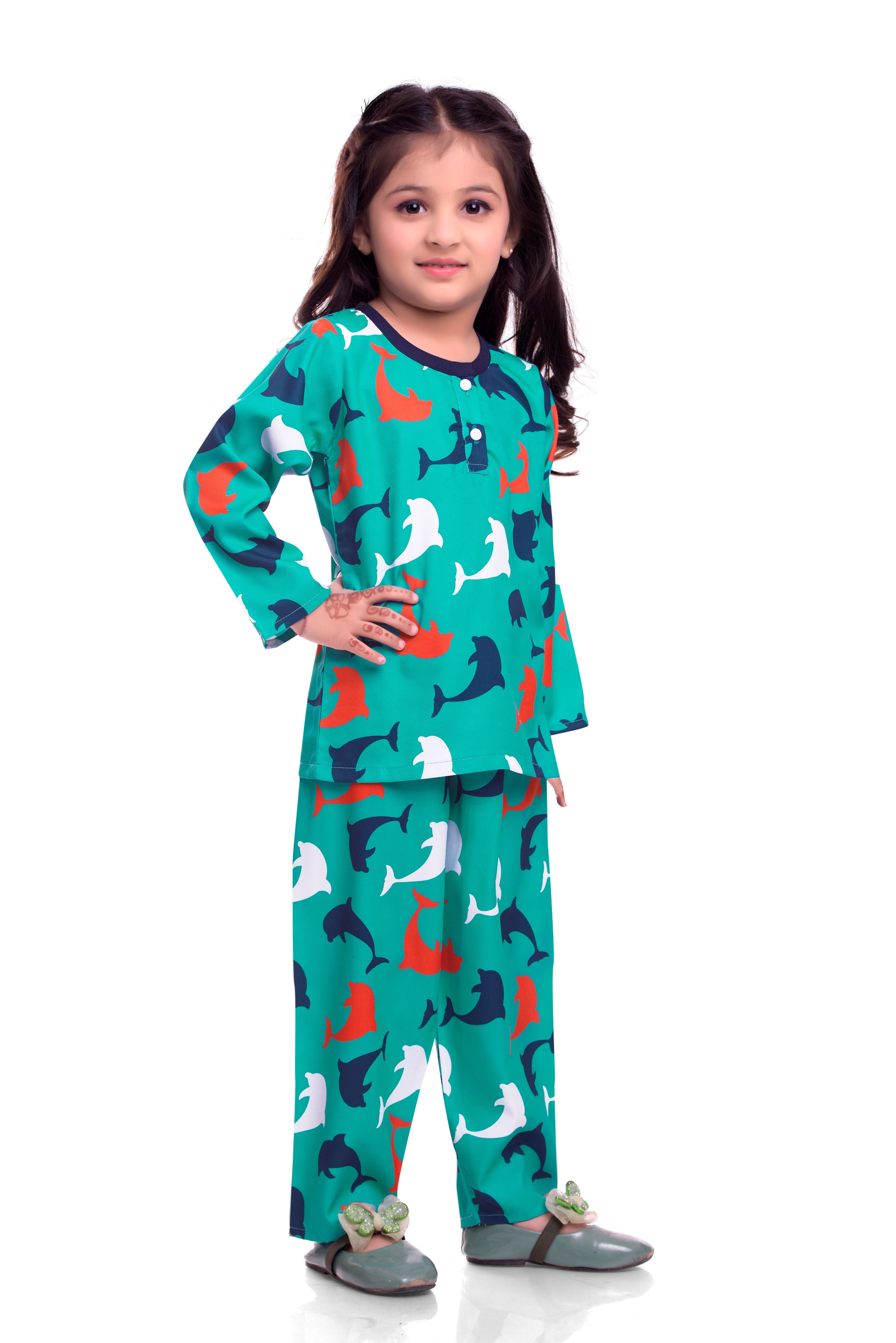 Turquoise shark printed night co-rd set for kids